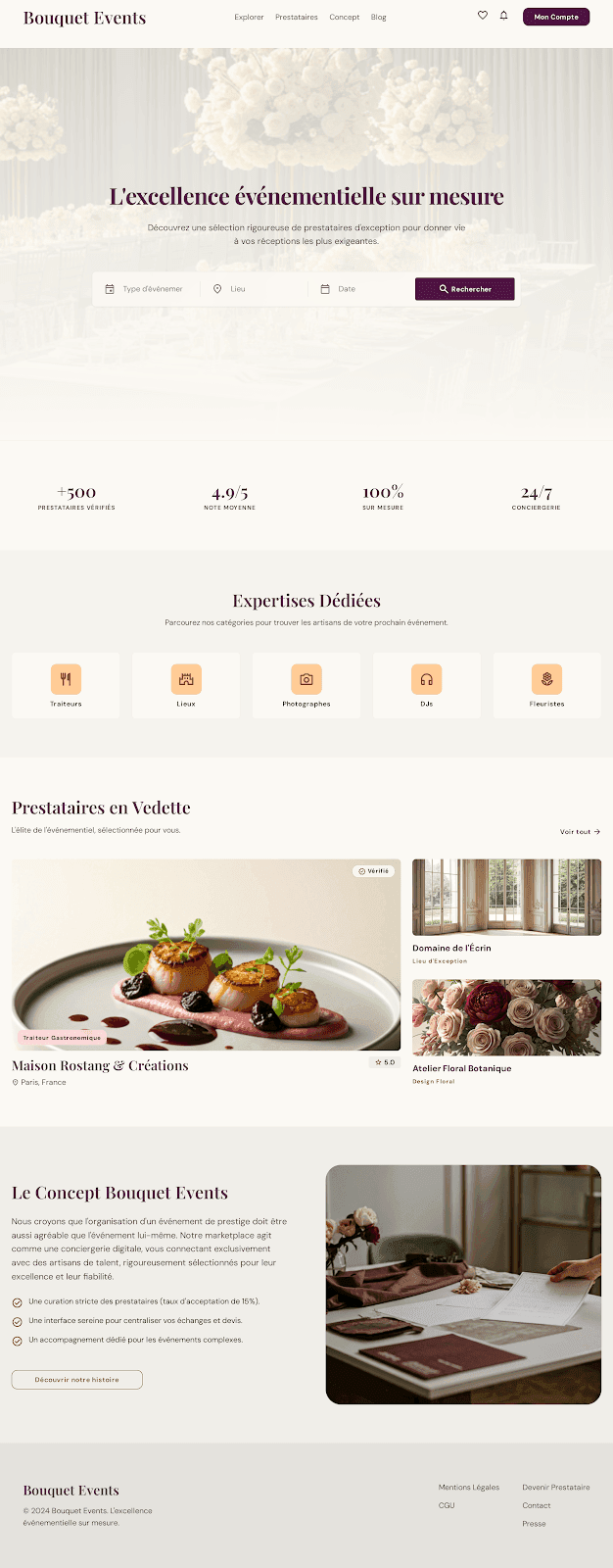 Bouquet Events — page d'accueil, marketplace de prestataires événementiels